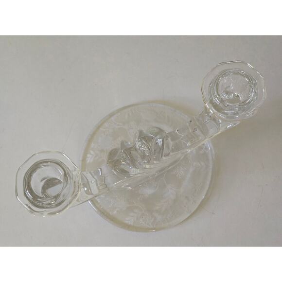 4x8" Fostoria Chintz Etched Blown Glass Double Candle Holder, Mint Condition - Picture 8 of 10